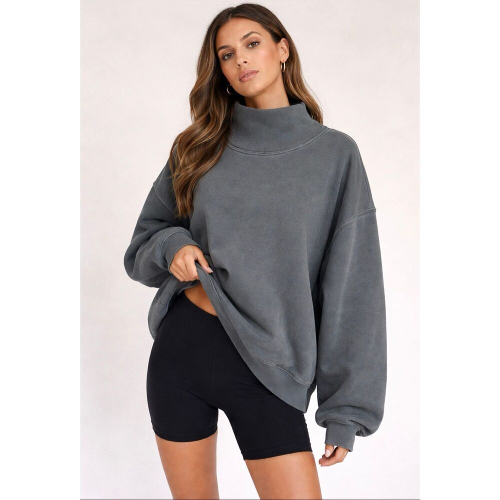 Joah Brown Gray Cropped Turtleneck Sweatshirt Oversized Cotton M/L - Picture 1 of 6